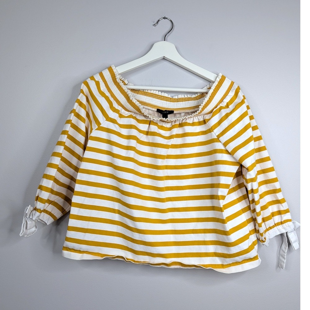 J.Crew Striped Top Womens L Yellow White Off Shoulder Bow Tie 3/4 Sleeve cute